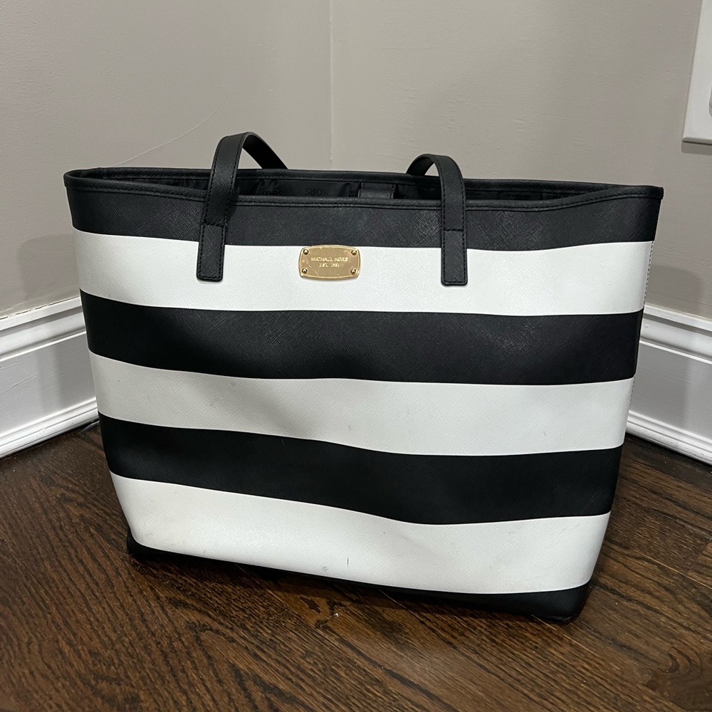 Michael Kors Saffiano Leather Jet Set Tote- Black and White Stripes
